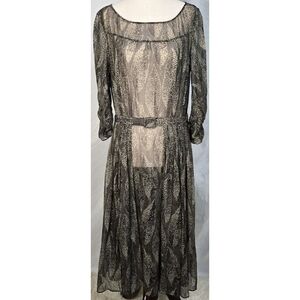 Nicole Farhi Silk A Line Midi Dress Sheer Taupe Black Pleated Belted Classic